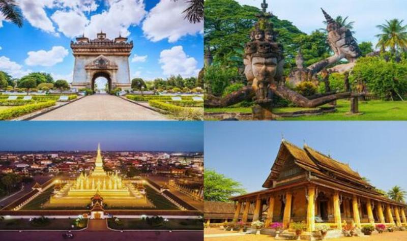 Khải Hoàn Môn Patuxay tại thủ đô của Lào, Viêng Chăn, với kiến trúc độc đáo kết hợp phong cách Pháp và Lào, dưới bầu trời xanh